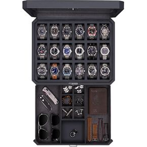 ROTHWELL 18-Slot Watch Case with Drawer – Luxury Watch Box for Men, Real Glass Top, Lockable, Display Case for Collections (Tan/Brown)