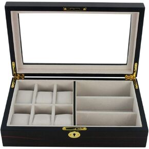6 Piece Watch Case and 3 Piece Eyeglasses Storage Ebony Wood Combo Jewelry Box Sunglass Glasses Display Organizer with Glass Top Father's Day