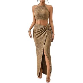 SKAYS Solid Color Cropped Vest Top And Fitted Hip Hugging Twist Front Slit Thigh Skirt Two Piece Set