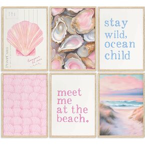 Pink Beach Preppy Wall Art Coastal حفيدة جمالية الطلاء صورة صورة جدار ديكور قذائف أويستر ملصق طباعة الأعمال الفنية للفتيات الفتيات الفتيات ديكور المنزل