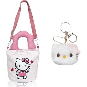 Kawaii Cat Canvas Crossbody Bag with Handles Adjustable Shoulder Strap and Plush Keychain, Cute Handbag with Magnetic Snap, Wallet Purse Shoulder Messenger Bag Coin Pouch Accessories for Women Girls