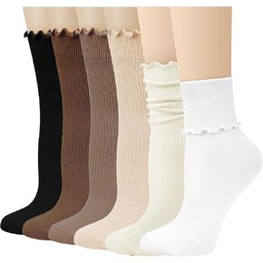 جوارب Yzkke Womens ، Frilly Frilly Truck Cuff Cuff Casual Canal Cantable Cupable Cotton Cettuce Crew Sock 6 Pack