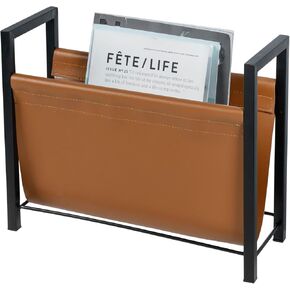 MyGift 15 Inch Modern Caramel Leatherette Magazine Holder with Rectangular Black Metal Frame, Floor Standing Faux Leather Book Storage Newspaper Rack, Home Bathroom Decor