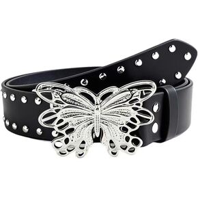 Moonlitbutterfly Women's Y2K Butterfly Belt - حزام الخصر من الجلد الفضي الغربي بوك قابل للتعديل