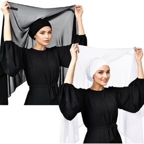 2Pcs Women Instant Chiffon Hijab with Built-in-Magnet and Sewn Undercap Head Wrap Under Scarf Caps