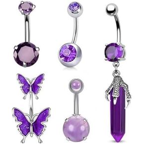 5Pcs Belly Button Rings for Women Surgical Steel Titanium Long Floating belly button rings Dangle Navel Belly Button Piercing Kit Pink Purple Blue Body Jewelry