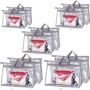 Laszola 10pcs أكياس غلاف غبار تخزين حقيبة يد واضحة ، 5 أحجام حقيبة تخزين واقي محفظة شفافة مع سستة ومقبض لرفع خزانة ، مقاوم للغبار والرطوبة ، رمادي ، رمادي