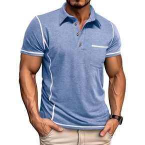 Men's Casual Polo Shirts Classic Short Sleeve Button Tees Basic Golf Shirt Cotton Top with Pocket in Kuwait