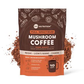 360 Nutrition Instant Mushroom Coffee مع Reishi ، Mane's Mane ، Chaga Superfood Mushrooms للطاقة الطبيعية والتركيز والمناعة | الشواء الداكن ، لا يوجد سكر مضاف 5 أوقية (الطيف الكامل)