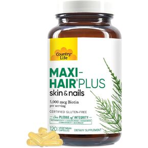 Life Country Life ، Maxi-Hair Plus Biotin ، يدعم الشعر الصحي والجلد والأظافر ، المكملات اليومية ، 120 CT