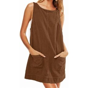Womens Corduroy Overalls Dress Low Open Back Skirtall Jumper Mini Dress Pinafore with Pockets