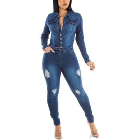 Sexyshine Women's Button Down Slim Fit Bemsuit Bemsuit Long Sleeve BodyCon جينز كامل الطول