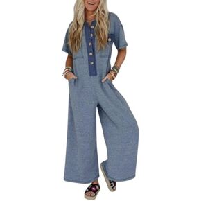 Jumpsuits for Women Button Up Contrast Patchwork Pocketed Casual Short Sleeve Wide Leg Rompers