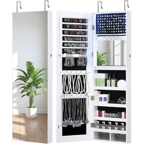 GISSAR Mirror Jewelry Cabinet, LED Lights Wall Mount Door Hanging Full Length Jewelry Organizer Armoire with Built-in Makeup Mirror and Jewelry Storage, Large Capacity Lockable Jewelry Armoire, White