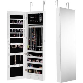 Hysache Wall Door Jewelry Armoire ، خزانة مجوهرات ملء الشاشة مع 2 LED ، حقيبة مكياج ، قضيب سوار ، تخزين منظم المجوهرات القابل للقفل مركب الباب ، مرآة كاملة الطول للمكياج ، الملابس (أبيض)