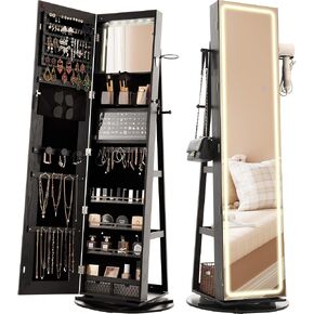 IRONCK LED Mirror Jewelry Cabinet Standing, 360° Swivel Lockable Jewelry Armoire with Full Length Mirror and Adjustable LED Lights, Jewelry Organizers and Storage with 3 Storage Shelves, Black