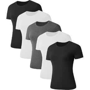 1/5 Pack Women's Short Sleeve Basic T Shirts Tees, Slim Fit Crew Neck Tshirt Summer Tops for Casual Workout Trendy