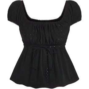 SOLY HUX Women's Square Neck Short Sleeve Peplum Tops Tie Front Summer Tee Shirt Streetwear