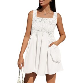 BeryLove Women Sleeveless Summer Mini Dress Casual Square Neck Flowy Sundress Loose Beach Babydoll Dresses with Pockets