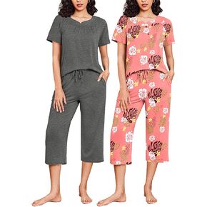 Ekouaer 2 Pack Capri Pajamas Set Women Mumu Pjs Sets Short Sleeve Top and Capri Pants Lounge Sets Sleepwear with Pockets