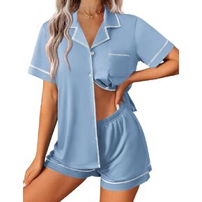 Ekouaer Womens Pajama Set Button Down Sleepwear Short Sleeve Pjs أعلى وقصير مع مجموعة صالة ناعمة الجيب in Kuwait