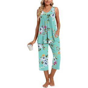 مجموعات بيجاما من Taohuadao Womens Summer Summer ، قمم أكمام مع سراويل كابري ، مجموعات Lounge Ladies PJS مع جيوب