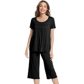 NACHILA Women's Pajamas-Viscose Made from Bamboo, Short Sleeve Pleated Pj Top Soft Capri Pant Pajama Set Cool Sleepwear
