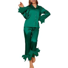 Verdusa Women's 2 Piece Pajama Set Faux Fur Button Front Long Sleeve Satin Shirt and Pants Lounge Set
