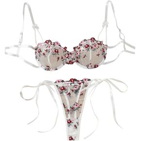 SHENHE Women's 2 Piece Lace Lingerie Sets Floral Embroidered Mesh Sheer Bra and Panty Sets