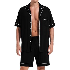MEN PAJAMAs تعيين زر قصير الأكمام زر أسفل ملابس الصالة 2 PCS مجموعات مشروط مع جيوب