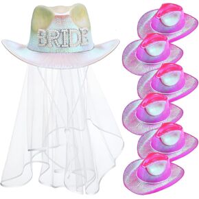 Hercicy 7 Pcs Neon Sparkly Glitter Space Cowboy Hat, 1 Western Bride to Be Cowgirl Hat with Veil and 6 Bridesmaids Cowgirl Cap Metallic Holographic for Bachelorette Bride Disco Party Outfit Supplies