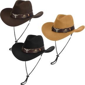 Hercicy 3 Pcs Western Cow Hats for Women Men Wide Brim Cow Hat with Belt Buckle Strap for Adult Cowboy Cowgirl Party