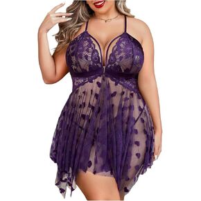 OYOANGLE Women's Plus Size Heart Print Lace Sheer Open Front Chemise Nightgown Babydoll Nightie Nightwear