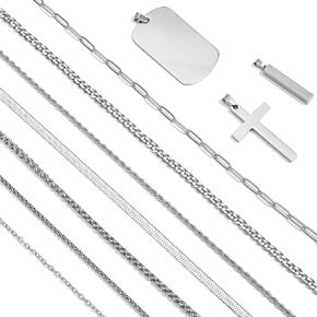 NEWITIN 15 Pieces Silver Jewelry Set for Men Stainless Steel Cuban Link Necklace Bracelet Cross Pendant Necklace Vintage Ring Cuban Jewelry Set for Men Women