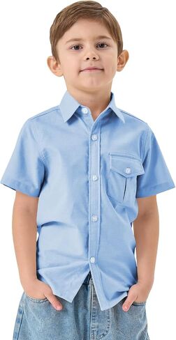QBK Boys Cotton Linen Short Sleeve Classic Button Down Down Boys Dress Dress Shirt مع جيب الصدر لمدة 2T-16 سنوات in Saudi Arabia