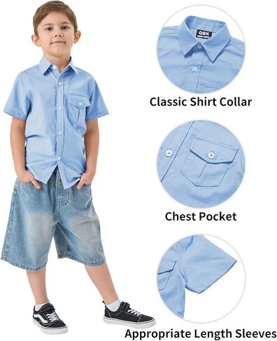QBK Boys Cotton Linen Short Sleeve Classic Button Down Down Boys Dress Dress Shirt مع جيب الصدر لمدة 2T-16 سنوات in Saudi Arabia