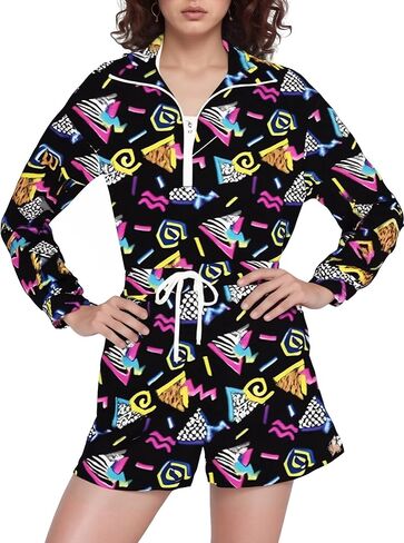 Bealin Womin's Color Block 2 قطعة 80s 90s الأكمام الطويلة 1/2 Zip Up Windbreaker و Shorts Suitsuit in Kuwait