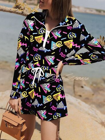 Bealin Womin's Color Block 2 قطعة 80s 90s الأكمام الطويلة 1/2 Zip Up Windbreaker و Shorts Suitsuit in Kuwait