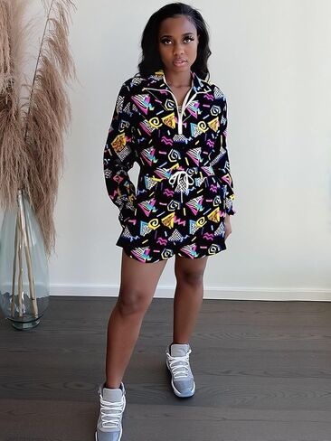 Bealin Womin's Color Block 2 قطعة 80s 90s الأكمام الطويلة 1/2 Zip Up Windbreaker و Shorts Suitsuit in Kuwait