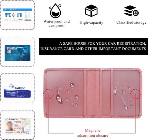 Car Registration Insurance Holder, Leather Glove Box License Wallet Case with Magnetic Shut, Automotive Paperwork Document Organizer Card Holder for Women, Car Accessories (Pink, Small) in Saudi Arabia