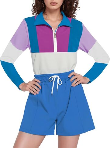 Bealin Womin's Color Block 2 قطعة 80s 90s الأكمام الطويلة 1/2 Zip Up Windbreaker و Shorts Suitsuit in Kuwait