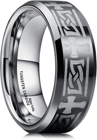 King Will 8mm Black/Silver/Blue Mens Tungsten Carbide Ring Laser Celtic Knot/Wolf Head/Dragon Polish Edge Wedding Band Comfort Fit in Saudi Arabia