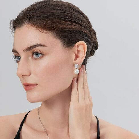 Jiamiaoi Pearl Diamond Earrings 925 Sterling Silver Pearl Earrings Big Fresh Water Pearl Stud Earrings with Cubic Zirconia Pearl Studs White/Gray Pearl Earrings Stud, Come with Gift Box in Kuwait