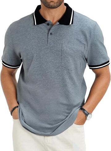 Men's Casual Short Sleeve Polo Shirts Classic Button Summer Collared Golf Top T-Shirt with Pocket in Saudi Arabia