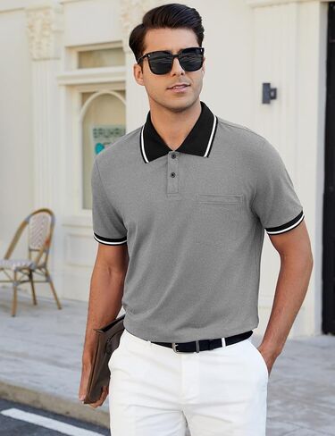 Men's Casual Short Sleeve Polo Shirts Classic Button Summer Collared Golf Top T-Shirt with Pocket in Saudi Arabia