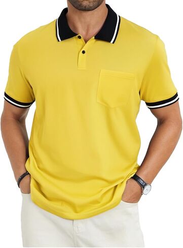 Men's Casual Short Sleeve Polo Shirts Classic Button Summer Collared Golf Top T-Shirt with Pocket in Saudi Arabia