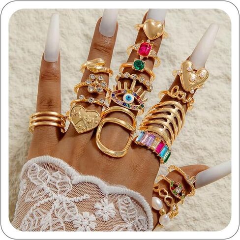 Gold Silver Rings for Women Pearl Colorful Rhinestone Waterproof Chunky Silver Ring Non Tarnish Gold Ring Set Stackable Statement Rings Adjustable Open Fashion Jewelry in Saudi Arabia