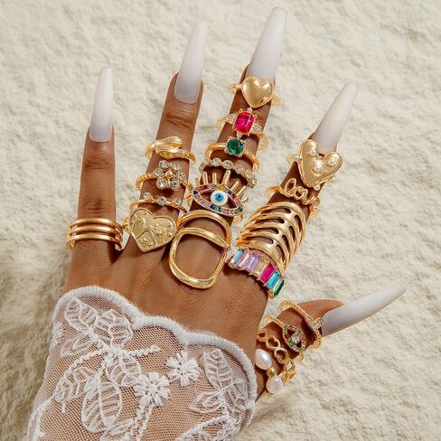 Gold Silver Rings for Women Pearl Colorful Rhinestone Waterproof Chunky Silver Ring Non Tarnish Gold Ring Set Stackable Statement Rings Adjustable Open Fashion Jewelry in Saudi Arabia