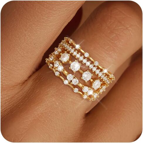 FUNEIA Stackable Silver Gold Rings for Women Non Tarnish 14K Gold Plated Thumb Cubic Zirconia Rings for Women Dainty Pinky Promise Wedding Ring Set Women's Engagement Eternity Band Rings Gold Jewelry in Kuwait