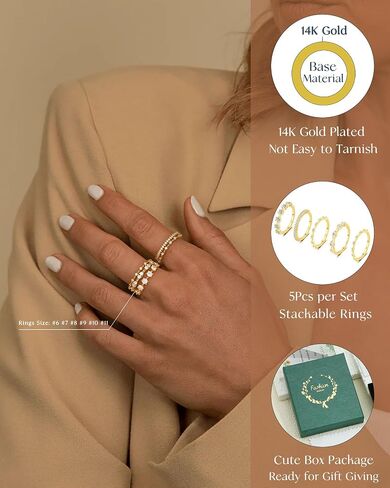FUNEIA Stackable Silver Gold Rings for Women Non Tarnish 14K Gold Plated Thumb Cubic Zirconia Rings for Women Dainty Pinky Promise Wedding Ring Set Women's Engagement Eternity Band Rings Gold Jewelry in Kuwait